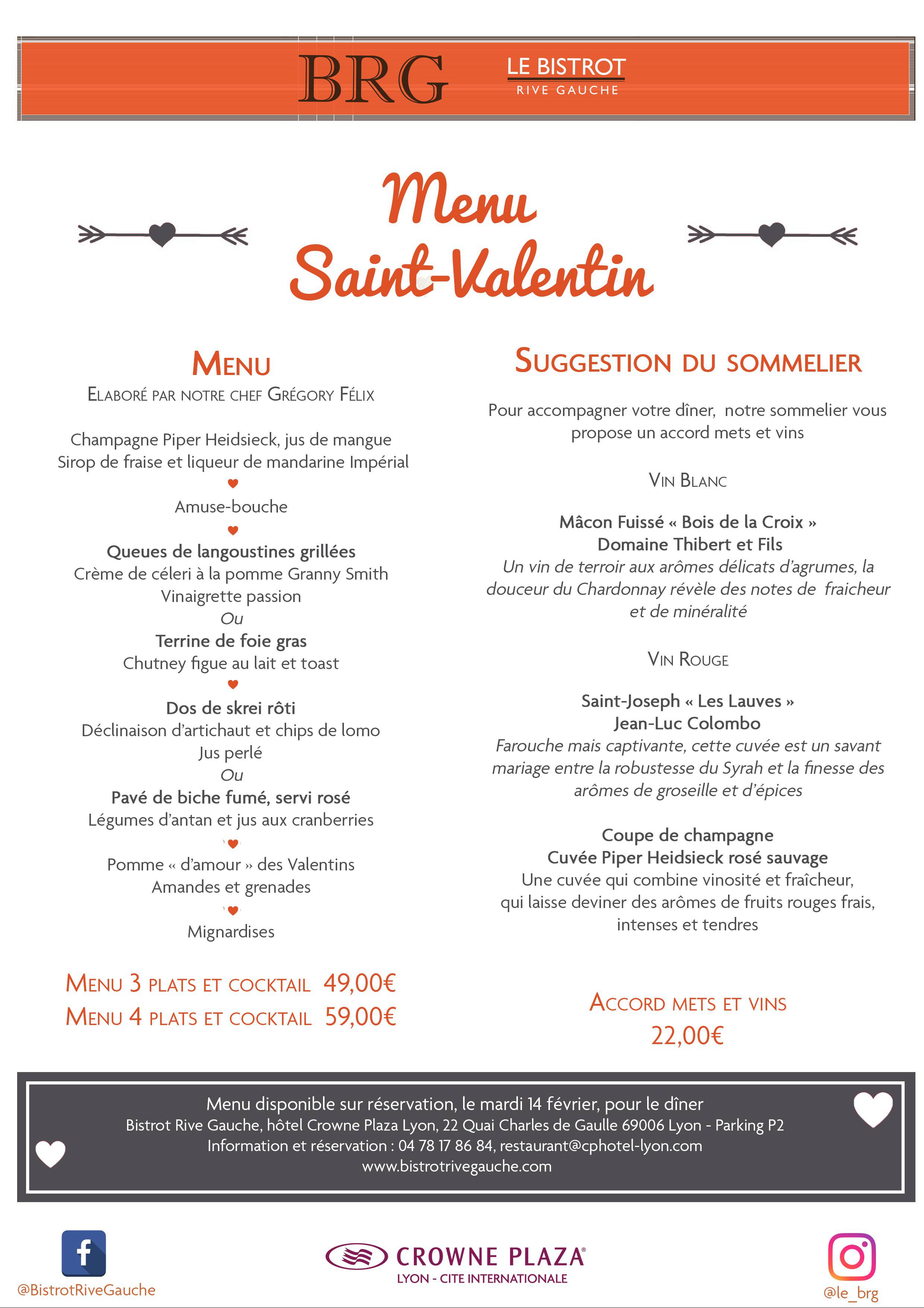 "Menu de Saint Valentin" du restaurant Le Bistrot rive Gauche à Lyon